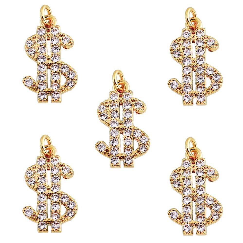 4387 5Pcs Money Dollor 18k Gold Plated Charms Bulk Brass Cubic Zirconia